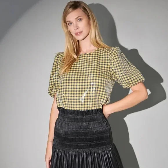 ENGLISH FACTORY SEQUINS PUFF SLEEVE GINGHAM TOP SMALL - Picture 9 of 9